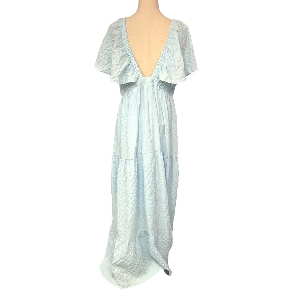 She + Sky Ruffle Sleeve w/ Plunging Neckline Open Back Crepe Blue Maxi Dress 1XL - Picture 5 of 9